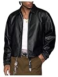 BEAUDRM Men's PU Leather Jackets Zip Up Long Sleeve Collared Motorcycle Jacket Coats Streetwear Black Medium