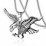 Vintage Eagle Pendant Necklace Stainless Steel Punk Cool Flying Hawk Bald Eagles Bird Animal Wing Adjustable Chain Necklace for Men Women Gothic Style Rock Hip Hop Party Fashion Jewelry Gifts (Silver)