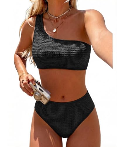 Pfreesea Bikini Sets for Women High Waisted 2 Piece Bestselling Swimsuit Ribbed One Shoulder Tummy Control Bathing Suit 2026 Black