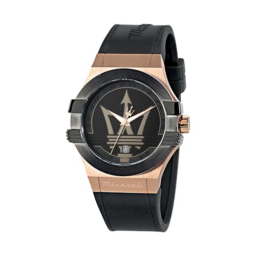 Maserati Herrenuhr, Kollektion Potenza, Quarzuhrwerk, mit Zeit- und Datumsanzeige, aus Edelstahl, Roségold-PVD, Schwarz-PVD und Polyurethan - R8851108002