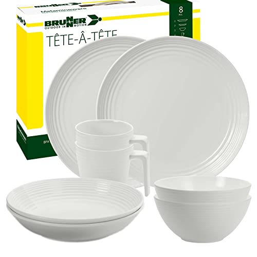 Brunner: Camping-Geschirr-Set Melamin | 8-Teilig - Teller, Schüsseln & Becher für 1-2 Personen | Tete a Tete SPHERICA - Bruchfest & Anti-Slip Cover