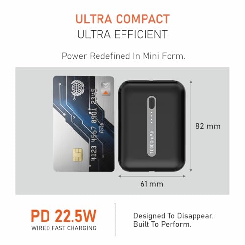 Image of Muvtech Zip 10 Pocket Size 10000mAh Mini Power Bank, 22.5W Fast Charging, Dual Output USB-A & Type-C Ports, Compact Pocket Size, LED Indicators, Travel Friendly, Portable (Black)