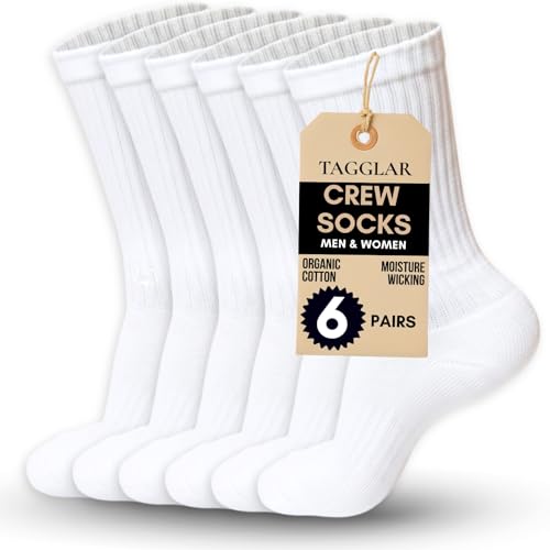 TAGGLAR Athletic Crew Socks for Men & Women – 78% Organic Cotton, Cushioned Sole with Arch Support – Moisture Wicking Sports, Gym & Everyday Wear – White Large Socks Size 10-13 (6 Pairs)
