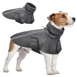 SlowTon Manteau d'hiver de Chien, Veste Polaire extérieure doublée en Laine Polaire Chaude pour Chien avec col roulé écharpe Gilet réfléchissant Ajustable Gilet imperméable pour Chiot(S, Gris)