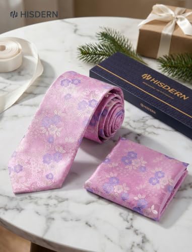 Image of HISDERN Extra Long Ties for Men Classic Floral Tie and Pocket Square Elegant Silk Necktie Handkerchief Set Wedding Party