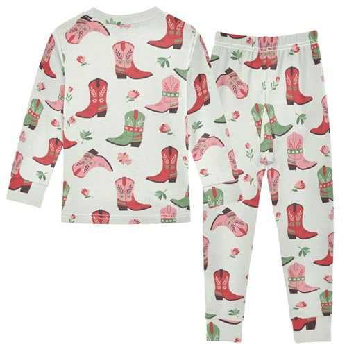Pajama Sets Long Sleeve Cowboy Boots Floral Pattern Soft Comfy Sleepwear 2 Piece PJS 3-8T3