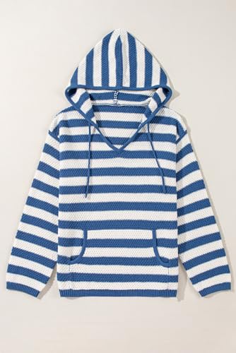 Women's Blue Stripe V Neck Drawstring Hooded Sweater with Kangaroo Pocket4