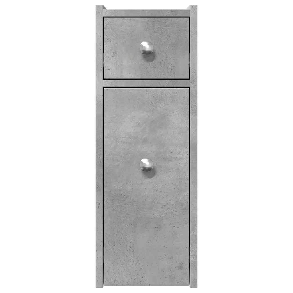 Mueble de baño estrecho con ruedas, color gris hormigón, cajones de madera, espacio de almacenamiento estrecho