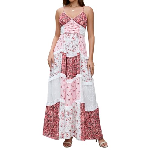 Image of Women Floral Maxi Dress Spaghetti Strap V Neck Patchwork Bohemian Flowy Dresses Summer Fall