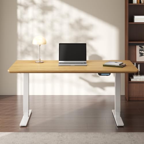 Image of FLEXISPOT E6 MAX Solid White Oak Wood Standing Desk 55 inchx28 inch, Solid Hardwood Ergonomic Beveled Desktop, Dual Motor 3-Stage Sit Stand Desk, Heavy-Duty Workstation Supports Up to 352 lbs (White Frame)