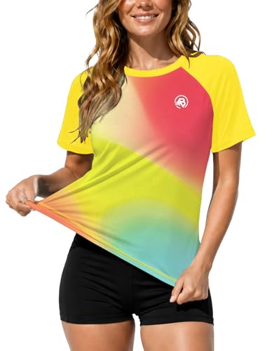Image of AOBUTE Women Short Sleeve Rash Guard Gradient Sun Protection Swim Shirts