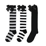XWANZI Girls Cute Striped Socks 8-12 Years Old Black White Knee High Bow Socks Kids Funny Fashion Sock Long Tall Tube Fall Winter 3 Pairs
