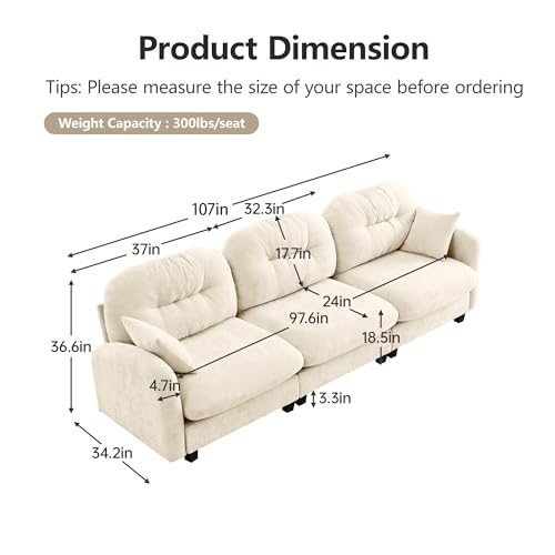 Image of KEIKI 107 inch Oversized Chenille Modular Sectional Sofa with High-Density Foam Cushion and Tufted Pleated Cushion Backrest, Upholstered Modern 3-Seater Cloud Couch with 2 Pillow, for Living Room, Beige