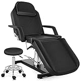 OmySalon Hydraulic Tattoo Chair Esthetician Bed w/Stool, Multi-Purpose 3-Section Facial Bed Table, Adjustable Beauty Salon Spa Massage Beauty Equipment, Black