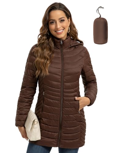 ROYAL MATRIX Packable Puffer Jacket for Women Hooded Lightweight Quilted Travel Long Puffer Coat with Pockets (Brown, L)