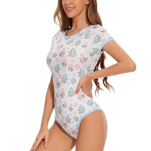 Somniumnight Cute Adult Onesie Pjs for Women: Snap Crotch Romper Pajamas with Dinosaur & Dragon Print - Short Sleeves Casual Bodysuit - Loungewear Clothing Gift Idea (White 3XL)