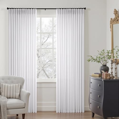 Memory Trained Pinch Pleated Curtains 108 Inches Long, Viral Linen Pinch Pleat Sheer Curtains with Ring Hooks&Clips for Track System Living Room, White Light Filtering Privacy Curtain 2 Panel Set by ANRODUO - Used condition - Image 3