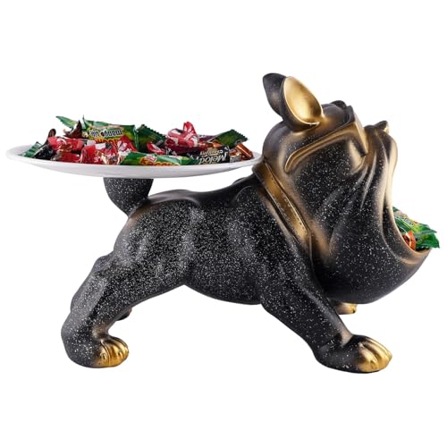 Image of Cool Bulldog Key Bowl & Accessory Tray - Matte Black & Gold Resin Dog Sculpture Multifunctional Organizer Showpiece for Keys Watches & Candy (Black with Sprinkles, Dog with Tail Plate)