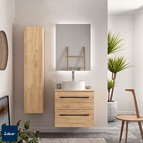 Salgar-Mueble-de-bano-Morai-60-cm-100-montado-de-fabrica-Acabado-Roble-Tirador-Negro-suspendido-2-cajones-Cierre-amortiguado-Lavabo-sobre-encimera-Marca