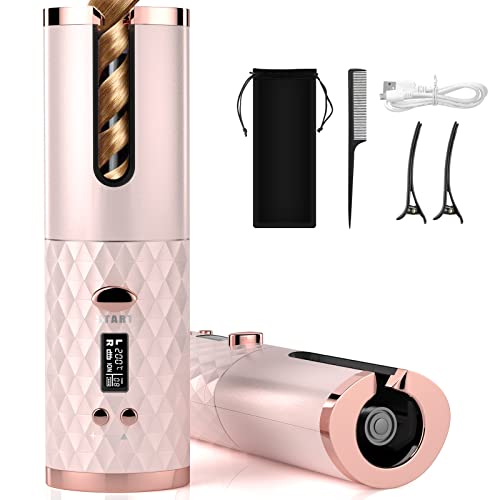 Automatic Curling Iron, Cordless Portable Curling Wand with 6 Temp & Timer, Anti-Tangle & De-Scald, USB Rechargeable 5000mAh Ion Ceramic Barrel Hair Curler, Fast Heating Dual Voltage, Auto Shut Off