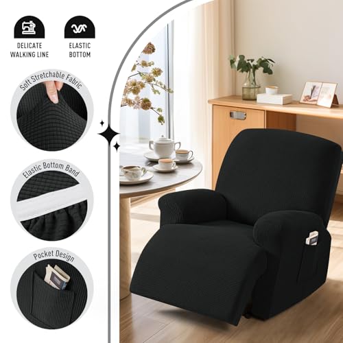 Image of TAOCOCO Recliner Cover 4-Pieces, Stretch Sofa Slipcover, 1 Seater Couch Protector, Soft Furniture Protector With Elastic, Chair Covers Jacquard Pattern (Black)