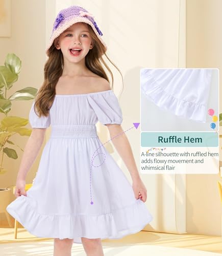 Girls Summer Tie Back Dress Kids Short Sleeve Ruffle Hem Off Shoulder Dresses 5-14 Years4