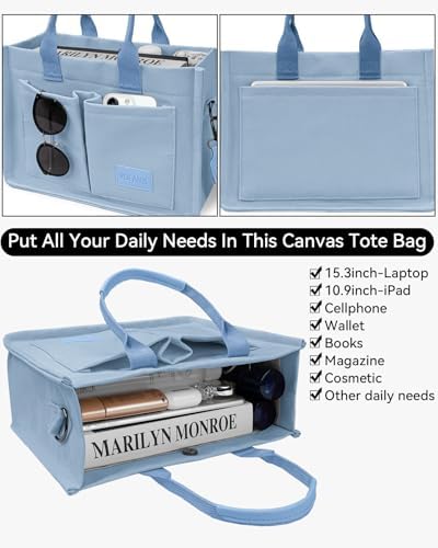 VOFANK Large Canvas Tote Bag For Women - Light Blue, Adjustable Strap, Multiple Pockets, Everyday Work & Casual Bag