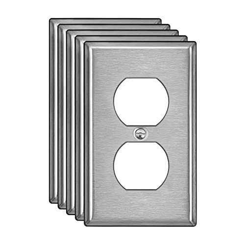 [5 Pack] Bestten Duplex Metal Wall Plate With Ｗhite Or Clear Plastic Film, 1-Gang Standard Size, Anti-Corrosion Stainless Steel Outlet And Switch Cover, Industrial Grade, Brushed Finish, Silver #TOP17