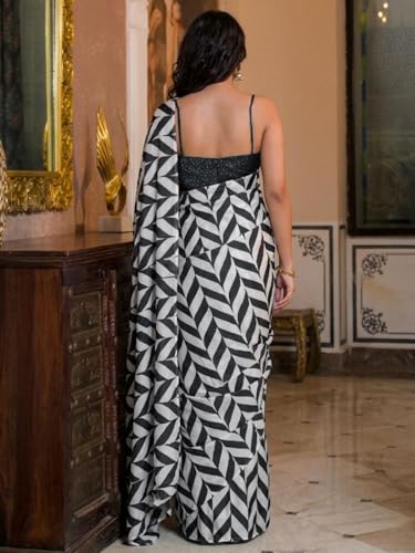 Image of Satrani Women's Satin Printed Saree with Unstitched Blouse Piece