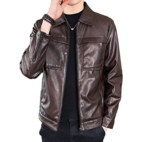 Maiyifu-GJ Men Lapel Faux Leather Motorcycle Jacket Vintage Zip Up Slim Fit Biker Coat Lightweight Classic PU Leather Jacket (Brown,Medium)