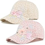 2-Pack 3D Floral Embroidery Baseball Cap Sun Hat Lady Girls Women's Fashion Breathable Party Beach Lace Travel Driving Hats(Khaki Pink)