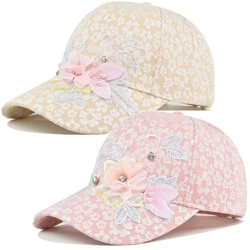 2-Pack 3D Floral Embroidery Baseball Cap Sun Hat Lady Girls Women's Fashion Breathable Party Beach Lace Travel Driving Hats(Khaki Pink)