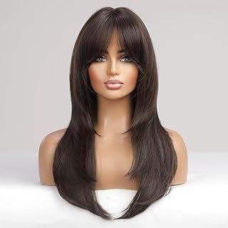 Dark Brown Wigs for Women Layered Ombre Wigs with Bangs Straight Heat Resistant Fiber Synthetic Wigs