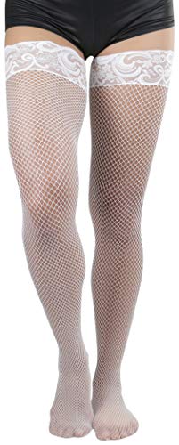 Image of ToBeInStyle Women's Wide Floral Lace Fishnet Thigh Hi Stockings