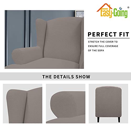 Image of Easy-Going Stretch Large Wingback Chair Sofa Slipcover Taupe | 1-Piece Sofa Cover Furniture Protector Couch Soft with Elastic Bottom, Spandex Jacquard Fabric Small Checks