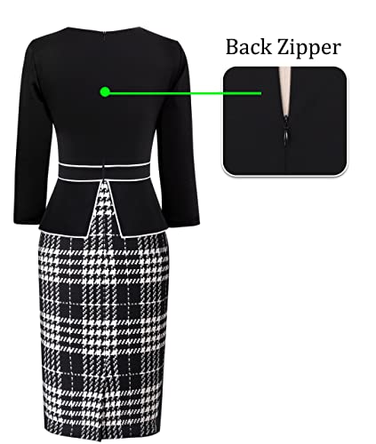 Image of VFSHOW Womens Pleated Crew Neck Peplum Slim Work Business Dress Elegant 3 /4 Sleeves Office Church Bodycon Pencil Sheath Dress