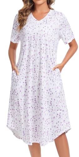Image of Kabento Nightgowns for Women Cotton Short Sleeve Long Night Gowns with Pockets