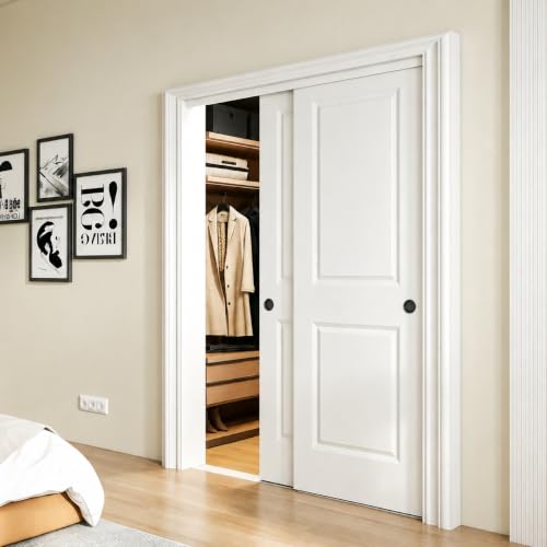 JUBEST 60x80 in Sliding Closet Door, Raised 2-Panel Square Top White Primed Hollow Core Door Slab with Hardware Kits & Matching Fascia, Pre-drilled & Paintable, Space-Saving for Bedroom Laundry