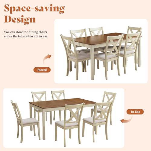 AMERLIFE 7-Piece Farmhouse Solid Wood Dining Table Set with 6 Upholstered Chairs, 60" Space Saving Dinner Table & Chairs Set, for Dining Room, Kitchen, Restaurant, Rustic Cream - Image 6