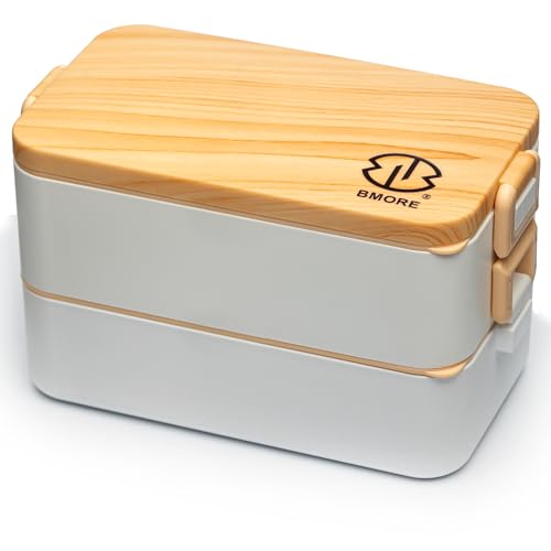 BMORE® Lunch Box,1000ml Bento Box with Stainless Steel Cutlery & Chopsticks. Stackable 2 Layer Food Container for Adults, Kids. Microwave & Dishwasher Safe (Stainless Steel Liners Included) UK Company