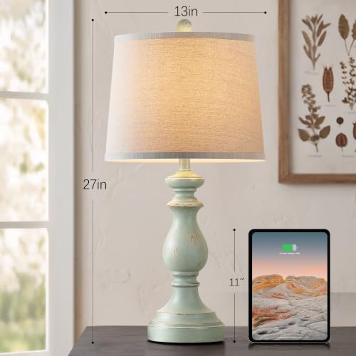 Image of PARTPHONER Traditional Table Lamp Set of 2, Rustic Farmhouse Table Lamps for Living Room Bedroom, 27 inch Bedside Desk Lamps Vintage Nightstand Lamps with Linen Shades, Light Green