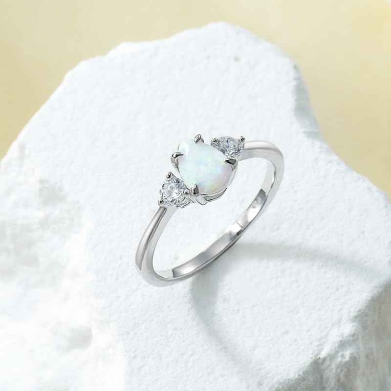 Pear Shape Opal Ring for Women,1 Carat 925 Sterling Silver Opal Gemstone Promise Engagement Ring with Cubic Zirconia,Ring Sizes 4-12 - Image 6