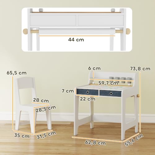 Miniatura 7 de Aiyaplay Escritorio Infantil Con Silla, Pupitre Infantil Con 2 Cajones Extraíbles, Estante Y Portavasos, Para Estudiar, Leer Y Dibujar, Mesa Para Niños Para Dormitorio, Sala Estudio, Blanco
