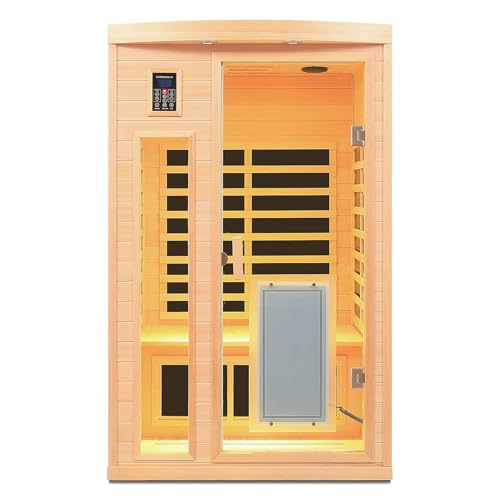 SALUSHEAT Ultra Low EMF 2 Person Infrared Sauna, 1950W 20A Far Infrared Saunas for Home, Canadian Hemlock Wood Sauna Indoor Sauna with Chromotherapy Light, Bluetooth Speaker, Door Heating Plate