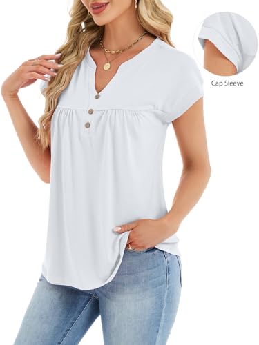 YOKGO Womens T Shirts Short Sleeve Pleated Button Top Dressy Casual V Neck Summer Tunic Tops Loose Fit Blouses White — view 3