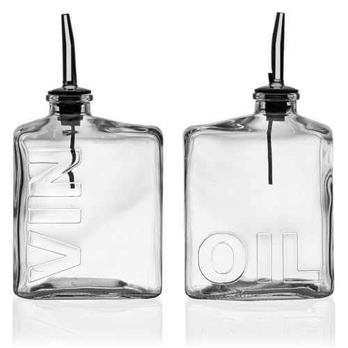 MGE - Set de Aceitera y Vinagrera Estilo Retro - Aceitera Antigoteo de Vidrio - Recipiente para Aliños - Dispensador de Aceite y Vinagre con Vertidor - 450 mL