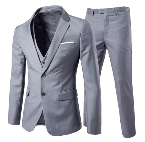 Cloudstyle Men's 3-Piece 2 Buttons Slim Fit Solid Color Jacket Smart Wedding Formal Suit,Gray,Large