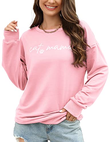 Cat Mom Sweatshirt Women Cat Mama Shirt Cute Cat Long Sleeve Letter Print Tshirt Mama Life Tops Pink Xl #TOP1