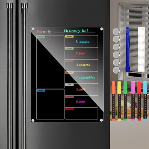 Ninyoon Weekly Calendar Meal Planner for Fridge Magnetic Acrylic Fridge Menu Dry Erase Board with 6 Markers 6 Hanging Hardware 6 Gaskets