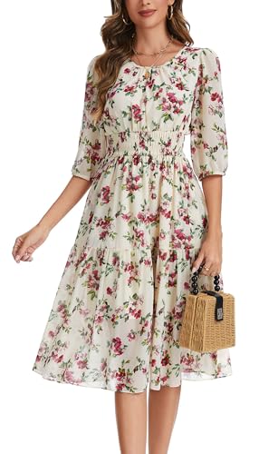Image of Kormei Women Casual Boho Floral Round Neck 3 /4 Sleeve Smocked Waist Tiered A Line Flowy Swing Midi Dress Long Dresses